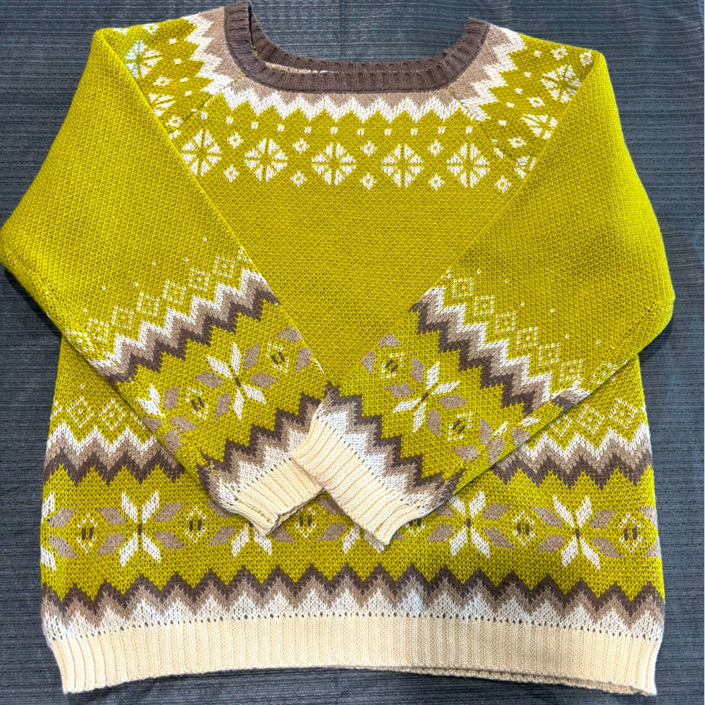 MISSLOOK women’s crewneck sweater size Med brown/cream/chartreuse - Picture 4 of 9